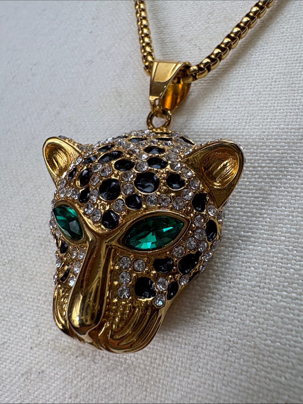 Gold Tone Rhinestone Leopard Head Necklace - Picture 3 of 7